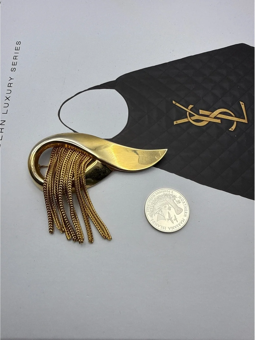 Vintage 80s Gold Tone Tassel Brooch Modernist Abstract Statement Pin Fringe